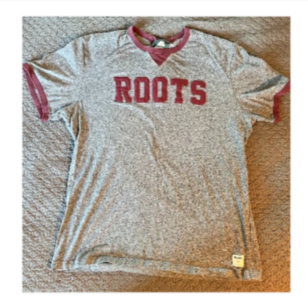 Roots Athletics Applique Logo Tee Medium Gray Burgundy Vintage Athletic Shirt